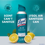 Single Lysol Air Sanitizer can with lemons at base and text "Scent can't sanitize / Lysol Air Sanitizer can" on teal background.