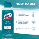 How-to-use graphic showing a Lysol Air Sanitizer can and three numbered steps describing spraying to sanitize, eliminate bacteria/viruses, and remove odors