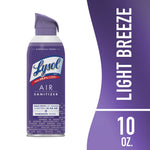 Purple Lysol Air Sanitizer aerosol can with Light Breeze branding and purple cap on a white background