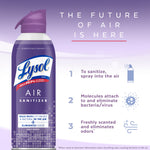 Infographic style image showing a Lysol Air Sanitizer can and three-step text describing how the product sanitizes the air