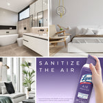 Collage lifestyle image with bathroom, bedroom, living room photos and a hand holding a Lysol Air Sanitizer can
