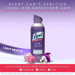 Promotional graphic of Lysol Air Sanitizer Light Breeze can with floral accents and scent banner on purple background