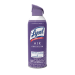 Studio photo of a purple Lysol Air Sanitizer Light Breeze aerosol can centered on a white background