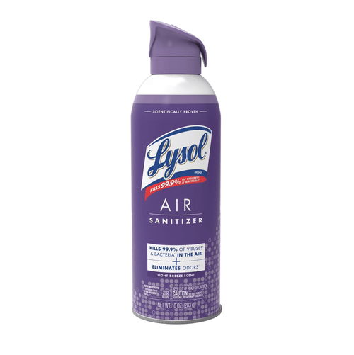 Studio photo of a purple Lysol Air Sanitizer Light Breeze aerosol can centered on a white background