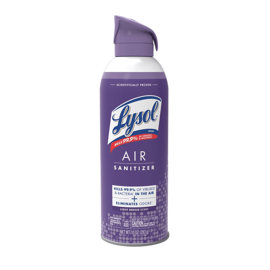 Studio photo of a purple Lysol Air Sanitizer Light Breeze aerosol can centered on a white background