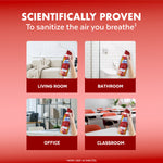 Infographic showing recommended rooms to use Lysol Air Sanitizer: living room, bathroom, office, classroom