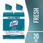 two teal lysol air sanitizer spray cans in a value pack with the word fresh and 20 oz shown on the right