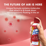 Hand spraying Lysol Air Sanitizer with particles and claim about molecules attaching to microorganisms
