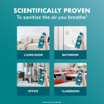 Infographic panel showing four use-case photos (living room, bathroom, office, classroom) with a Lysol Air Sanitizer can and scientific claim