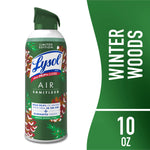 Green Lysol Air Sanitizer can with seasonal winter woods label and green spray actuator against white background