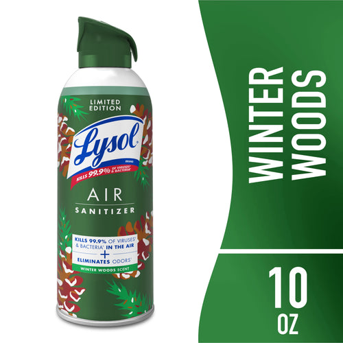 Green Lysol Air Sanitizer can with seasonal winter woods label and green spray actuator against white background