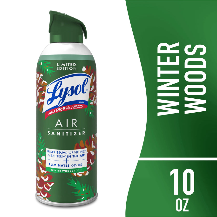 Green Lysol Air Sanitizer can with seasonal winter woods label and green spray actuator against white background