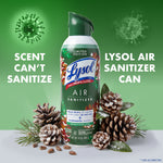 Lysol Air Sanitizer Winter Woods can surrounded by pinecones and needles with promotional text on green background