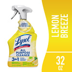 Bottle of Lysol All Purpose Cleaner Lemon Breeze with trigger spray on a yellow background and 32 oz text