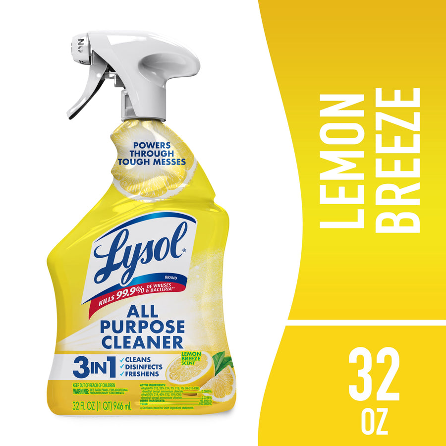 Bottle of Lysol All Purpose Cleaner Lemon Breeze with trigger spray on a yellow background and 32 oz text