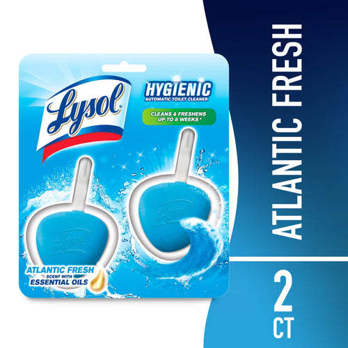 Front retail blister pack of Lysol Atlantic Fresh automatic in‑the‑bowl toilet cleaner showing two blue drop-shaped blocks