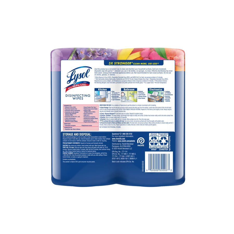 Back view of Lysol disinfecting wipes multipack showing product instructions, storage/disposal info and a barcode.