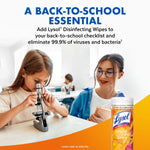 Back-to-school themed image with students in a classroom and a Lysol disinfecting wipes canister at lower corner