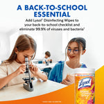 Back-to-school themed image with children at a desk and a Lysol mango-hibiscus canister promoting wipes as a school essential