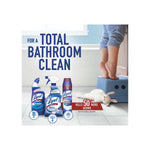 Lifestyle graphic showing a bathroom scene with feet on a step stool and Lysol bathroom cleaning products displayed
