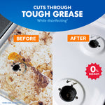 Before-and-after sink or stovetop image demonstrating tough grease removal with a 0% bleach badge
