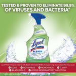 Lysol Bleach spray bottle centered on green backdrop with foam accents and claim about eliminating 99.9% of viruses and bacteria