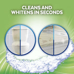 Infographic showing two circular before-and-after comparisons and foam graphics with "Cleans and Whitens in Seconds" text