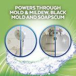 Graphic showing two circular before-and-after shots of shower and sink with headline about powering through mold and mildew