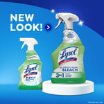Two Lysol Bleach cleaner bottles on blue background with "New Look!" headline highlighting updated packaging