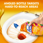 Hand applying Lysol Brand New Day angled bottle into a toilet bowl to show targeted under-rim application
