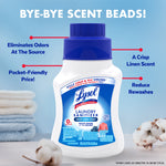 Product-focused graphic of Lysol Laundry Sanitizer bottle with callouts for benefits like eliminating odors and crisp linen scent
