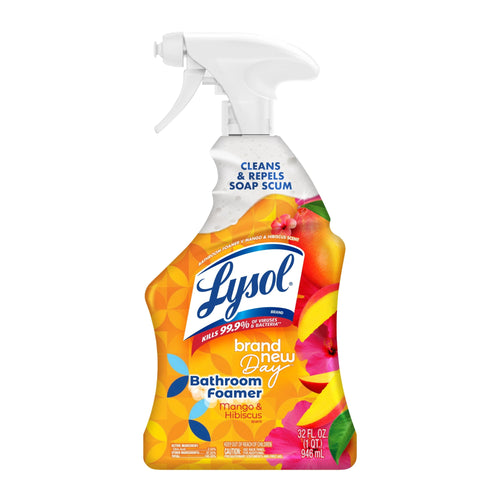 Front view of a Lysol Brand New Day Bathroom Foamer bottle with bright mango and hibiscus packaging and trigger
