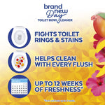 Informational Lysol Brand New Day panel stating ‘Fights toilet rings & stains’ and ‘Up to 12 weeks of freshness’.