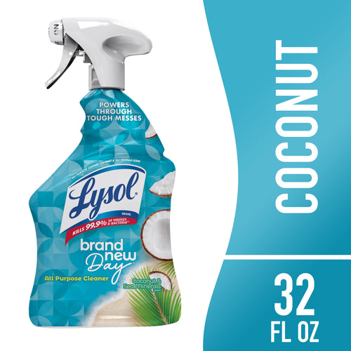 Front view of a Lysol Brand New Day coconut & sea minerals all-purpose cleaner spray bottle on teal background.