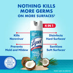 Lysol Brand New Day disinfectant spray can with coconut imagery and text highlighting multi-surface disinfecting benefits