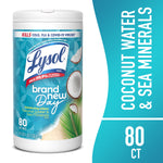 Single Lysol 'brand new day' coconut water & sea minerals disinfecting wipes tub on a white background