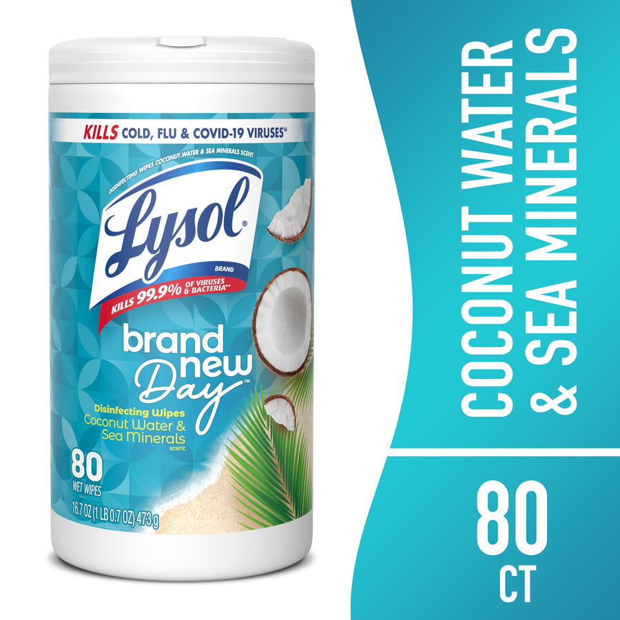Single Lysol 'brand new day' coconut water & sea minerals disinfecting wipes tub on a white background