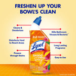 Product feature graphic showing Lysol Brand New Day toilet gel with callouts for cleaning, disinfecting and fragrance