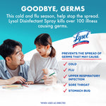 Lysol branded graphic with a parent and child at a table and copy about preventing the spread of cold and flu germs