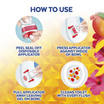 Illustrated how-to-use panel for Lysol Brand New Day showing peel, press applicator, pull away, and cleaning with each flush.