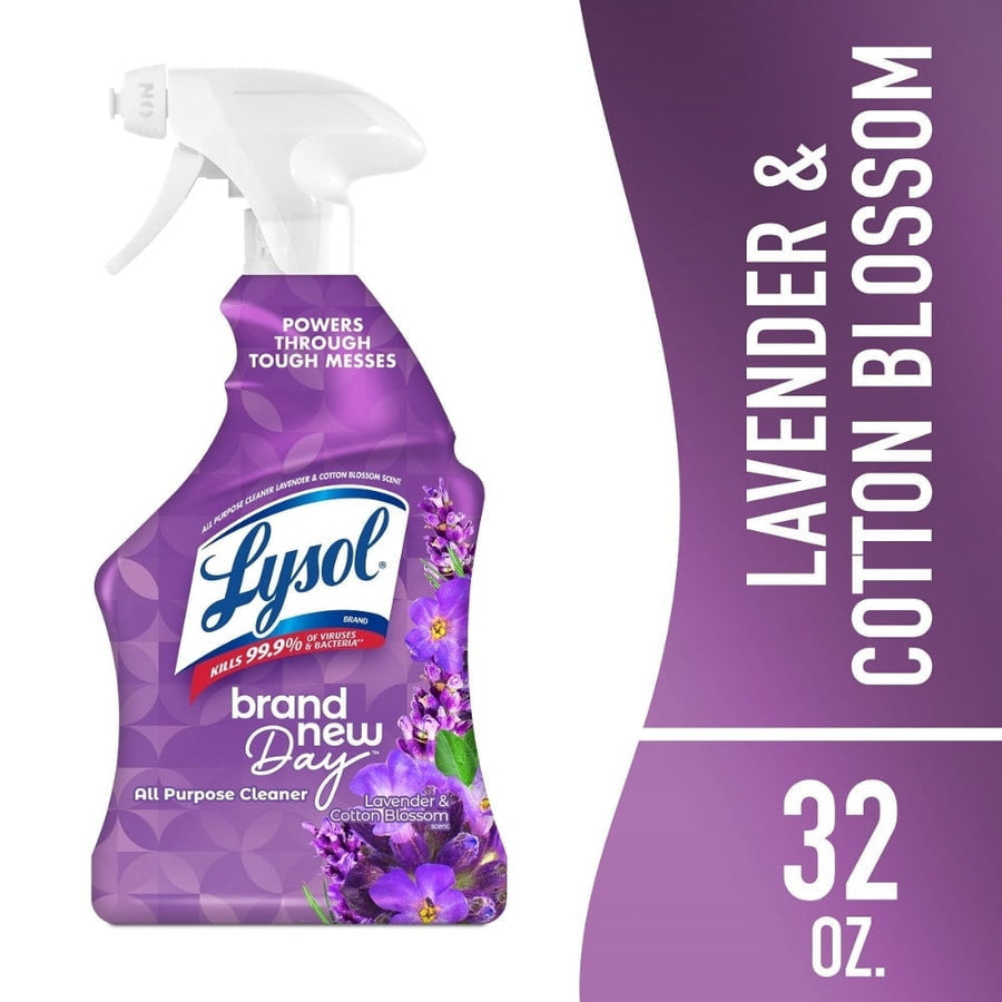 Lysol Brand New Day lavender & cotton blossom all-purpose cleaner spray bottle with purple floral label and 32 oz callout