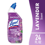 Purple Lysol Brand New Day clinging gel toilet bowl cleaner bottle with angled neck and lavender imagery on label.