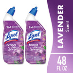 Two Lysol 'Brand New Day' lavender-scent toilet bowl cleaner bottles with angled blue nozzles on white background.