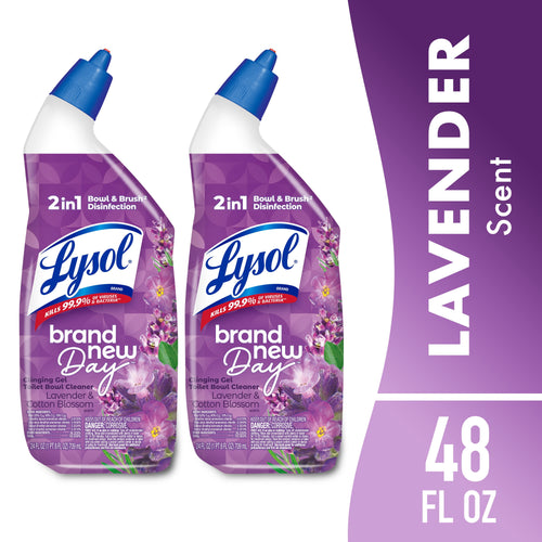 Two Lysol 'Brand New Day' lavender-scent toilet bowl cleaner bottles with angled blue nozzles on white background.