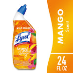 Angled bottle of Lysol Brand New Day mango & hibiscus toilet bowl clinging gel with orange decorative label