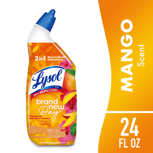 Angled bottle of Lysol Brand New Day mango & hibiscus toilet bowl clinging gel with orange decorative label