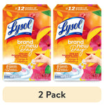Two Lysol Brand New Day Mango & Hibiscus click gel automatic toilet bowl cleaner boxes with hand applying gel.