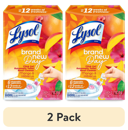 Two Lysol Brand New Day Mango & Hibiscus click gel automatic toilet bowl cleaner boxes with hand applying gel.