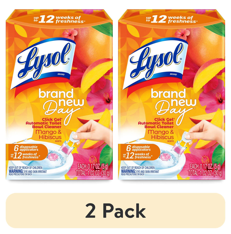 Two Lysol Brand New Day Mango & Hibiscus click gel automatic toilet bowl cleaner boxes with hand applying gel.