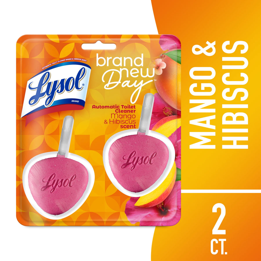 Lysol Brand New Day mango & hibiscus automatic toilet cleaner twin pack on orange background